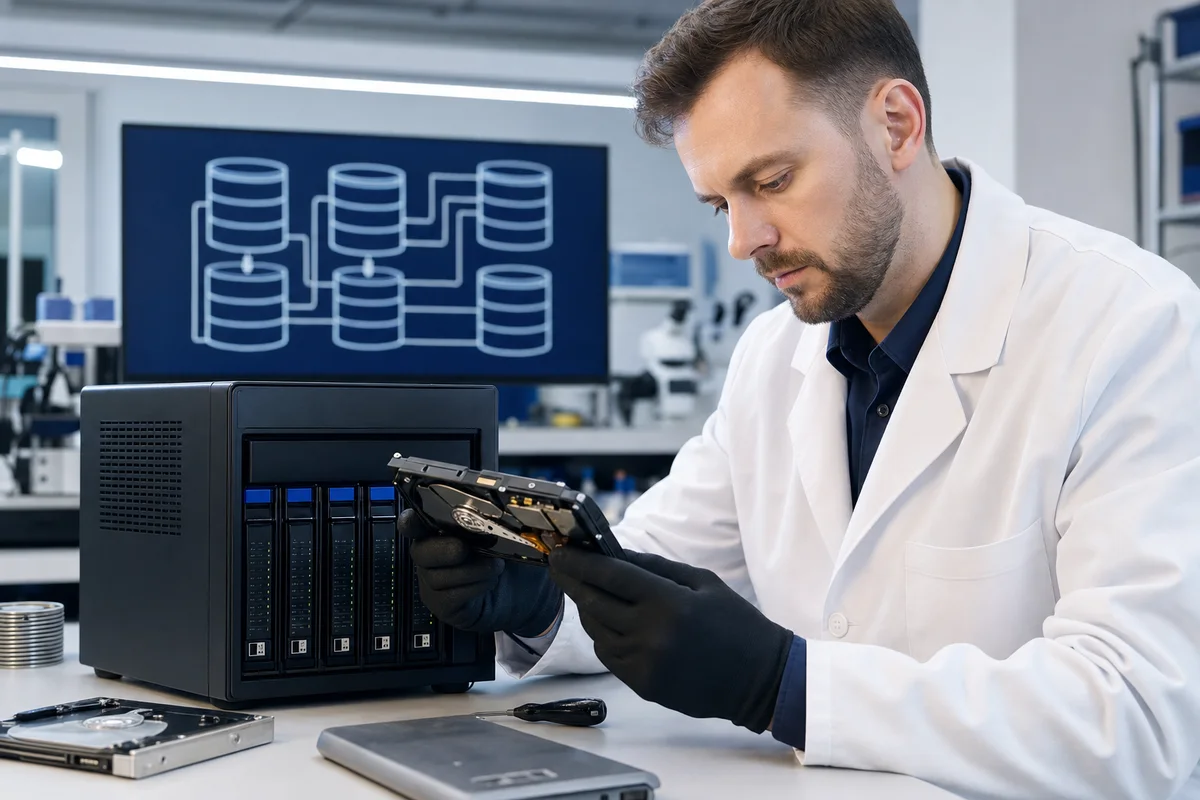 Technik analizujący nośnik z serwera firmy księgowej