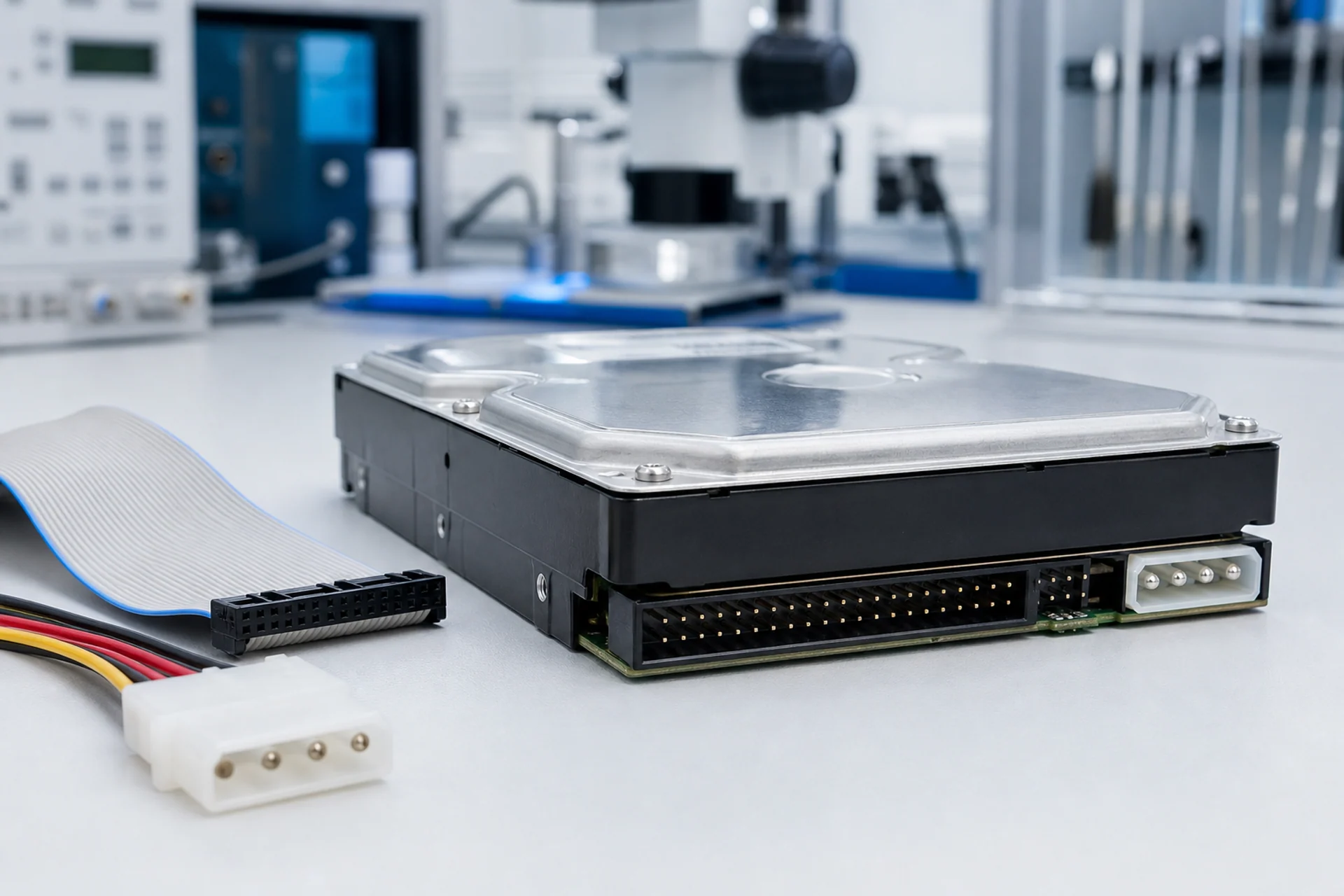 Dysk IDE/PATA z taśmą i złączem zasilania na stole laboratoryjnym