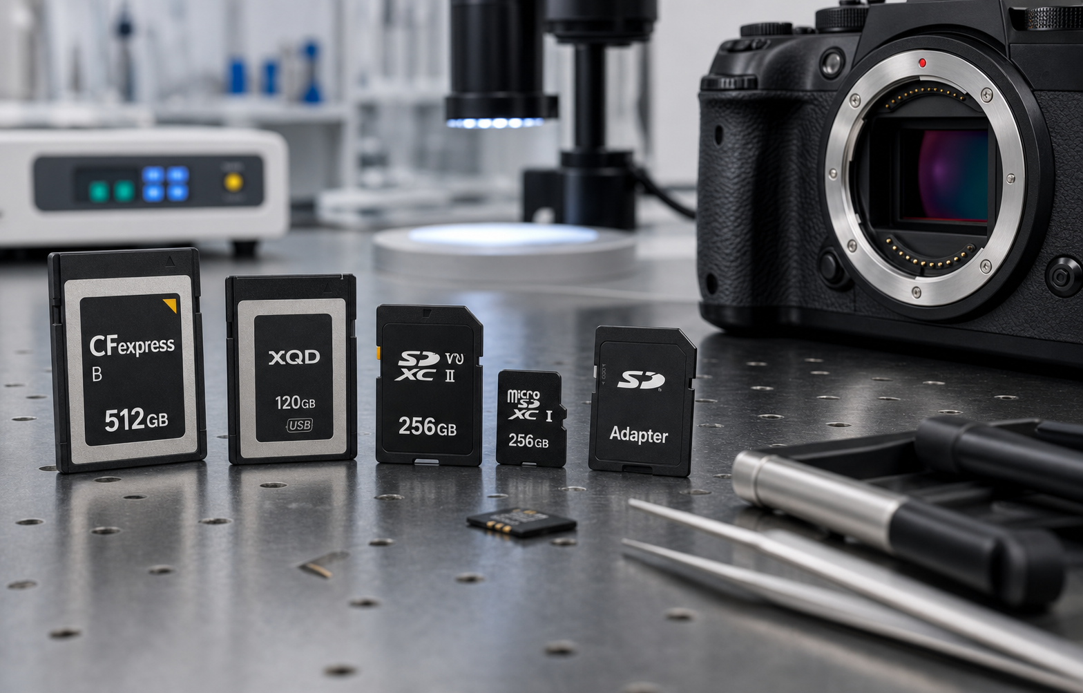 Karty SD, microSD, XQD i CFexpress przygotowane do diagnostyki obok aparatu
