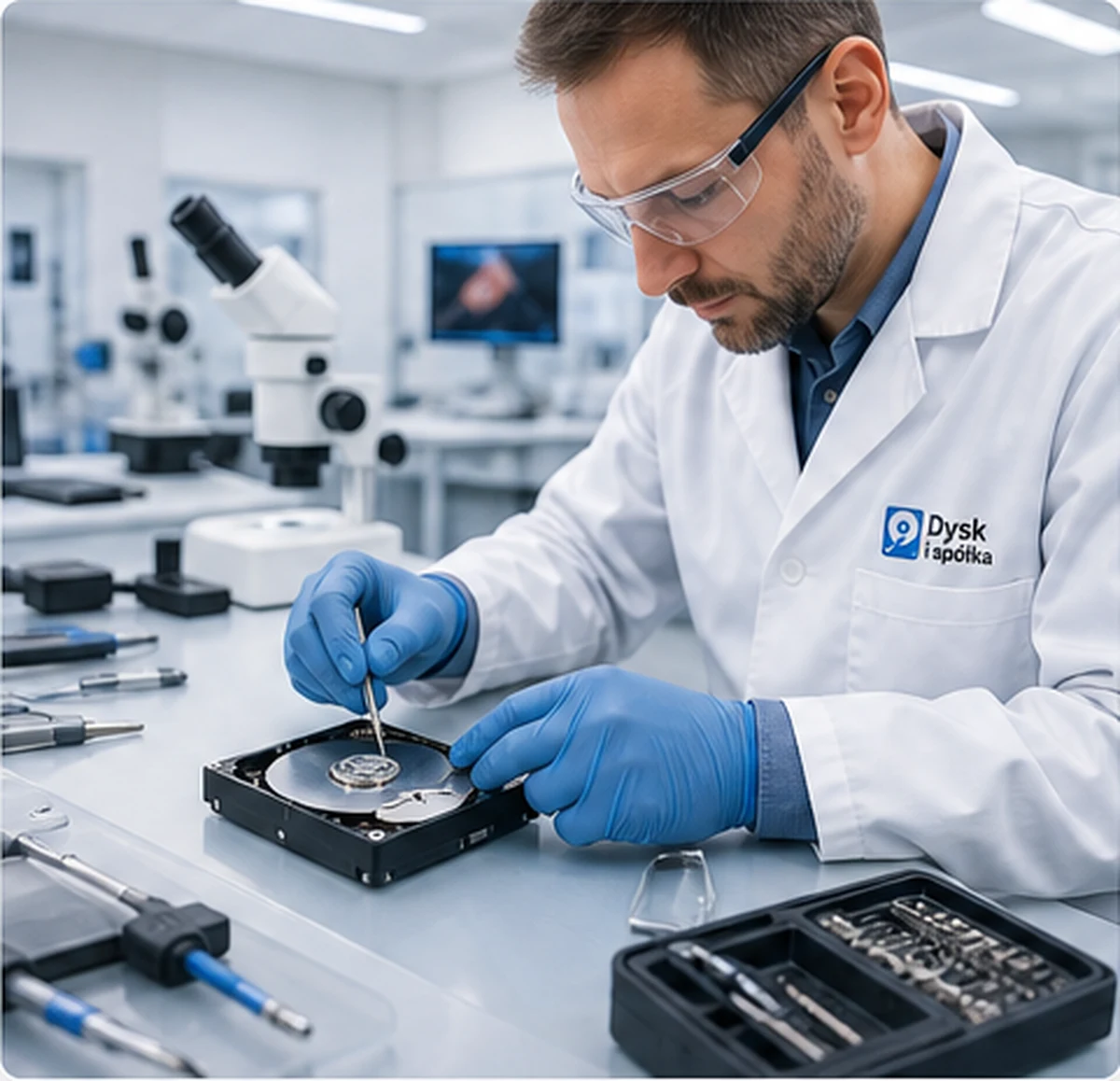 Technik pracujący przy otwartym dysku w laboratorium odzyskiwania danych