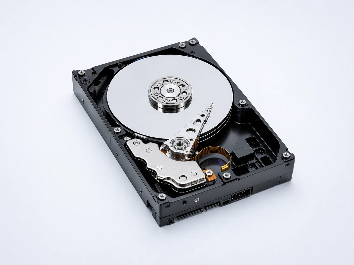 Ilustracja otwartego dysku HDD z widocznymi talerzami i głowicą