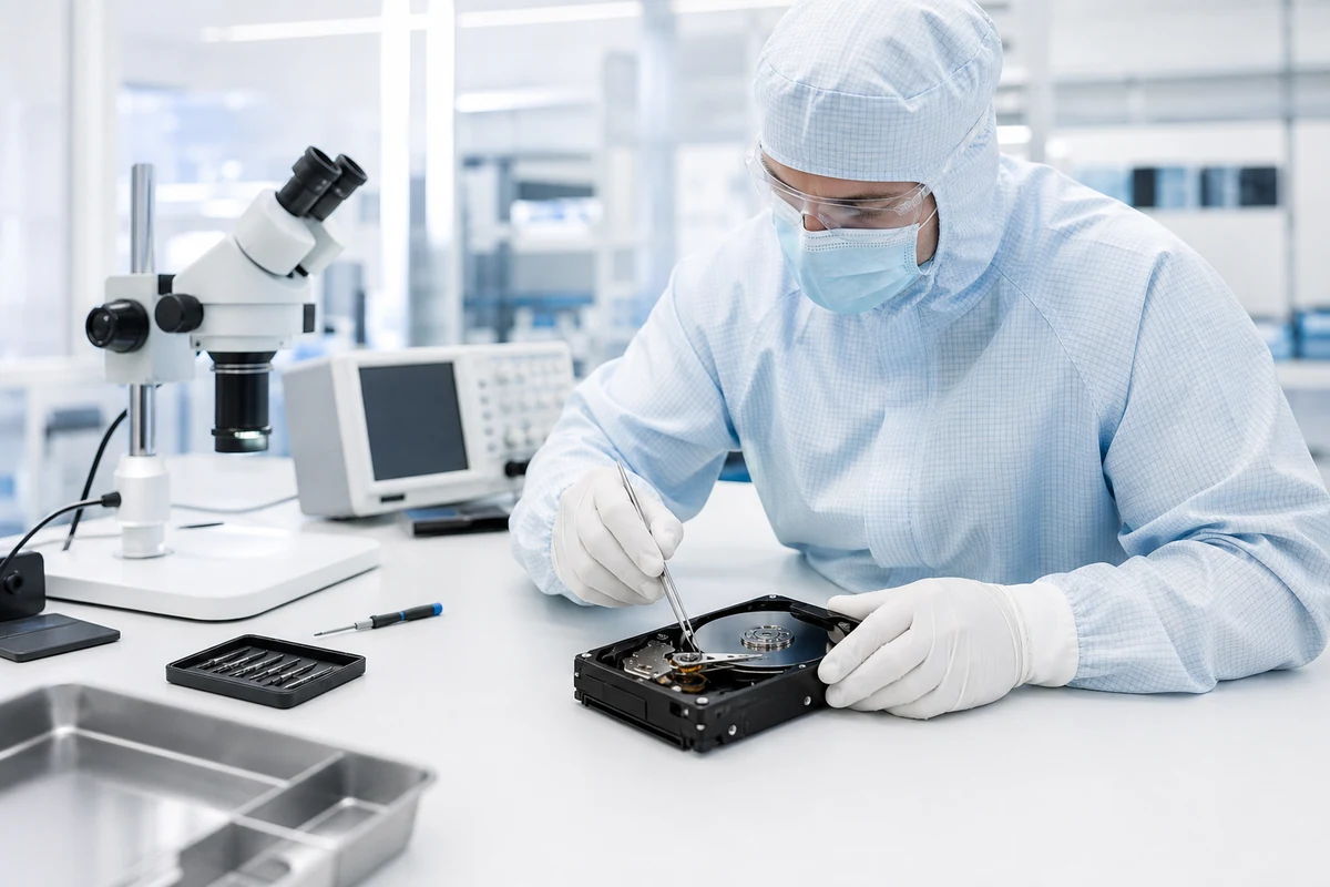 Ilustracja specjalisty pracującego z dyskiem HDD w laboratorium
