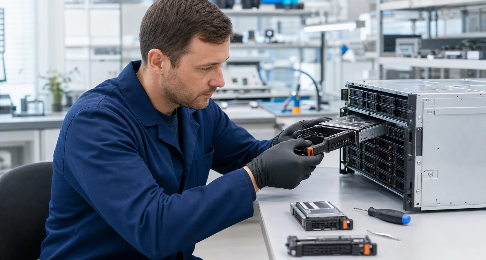 Technik laboratorium bezpiecznie wyjmuje dysk SAS z serwera